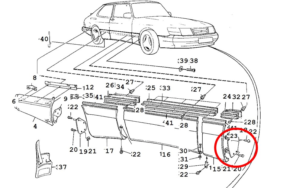 Jobb és bal oldali első oldalburkolat rögzítő gumilap 9285875 SAAB 900 Carlsson SPG Aero